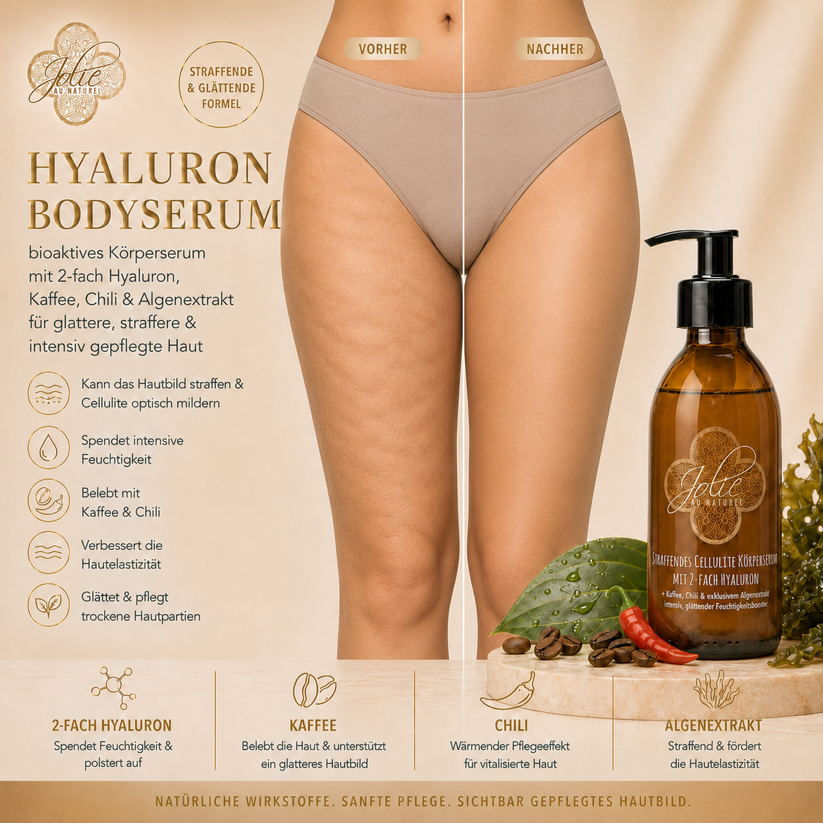 Straffendes Hyaluron Cellulite Bodyserum kühlend mit Kaffee, Hyaluron & Algen 200ml