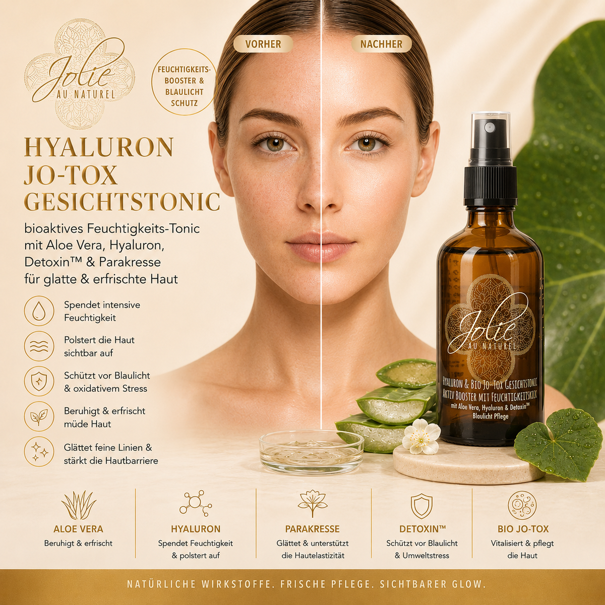 Hyaluron Jo-Tox Gesichtstonic | Blaulicht Gesichtsspray I Jo-Tox Parakresse I Feuchtigkeitsbooster mit Hyaluron & Aloe Vera 100 ml
