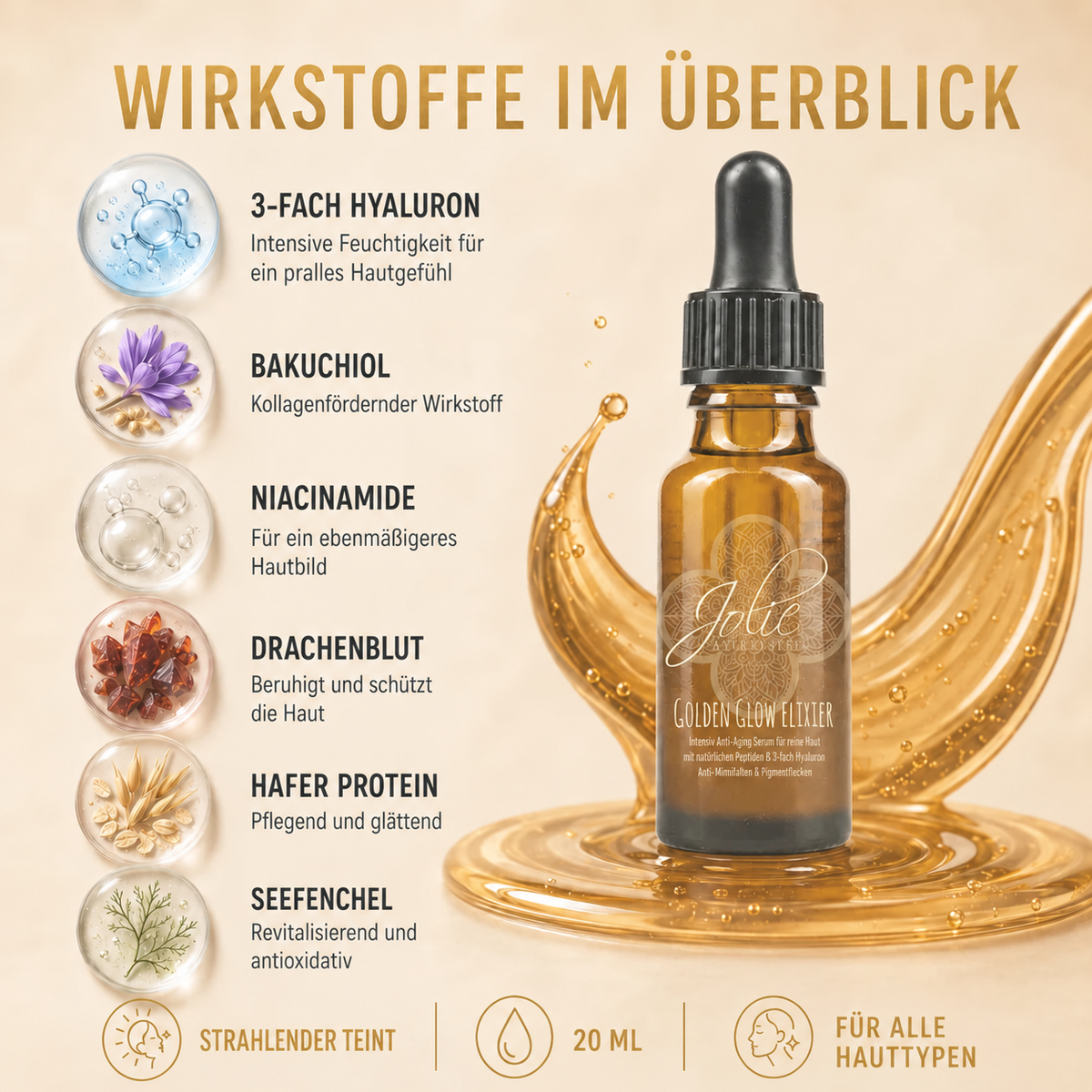 Hyaluron Golden Glow Elixier für strahlende, pralle Haut – luxuriöse Anti-Aging Pflege