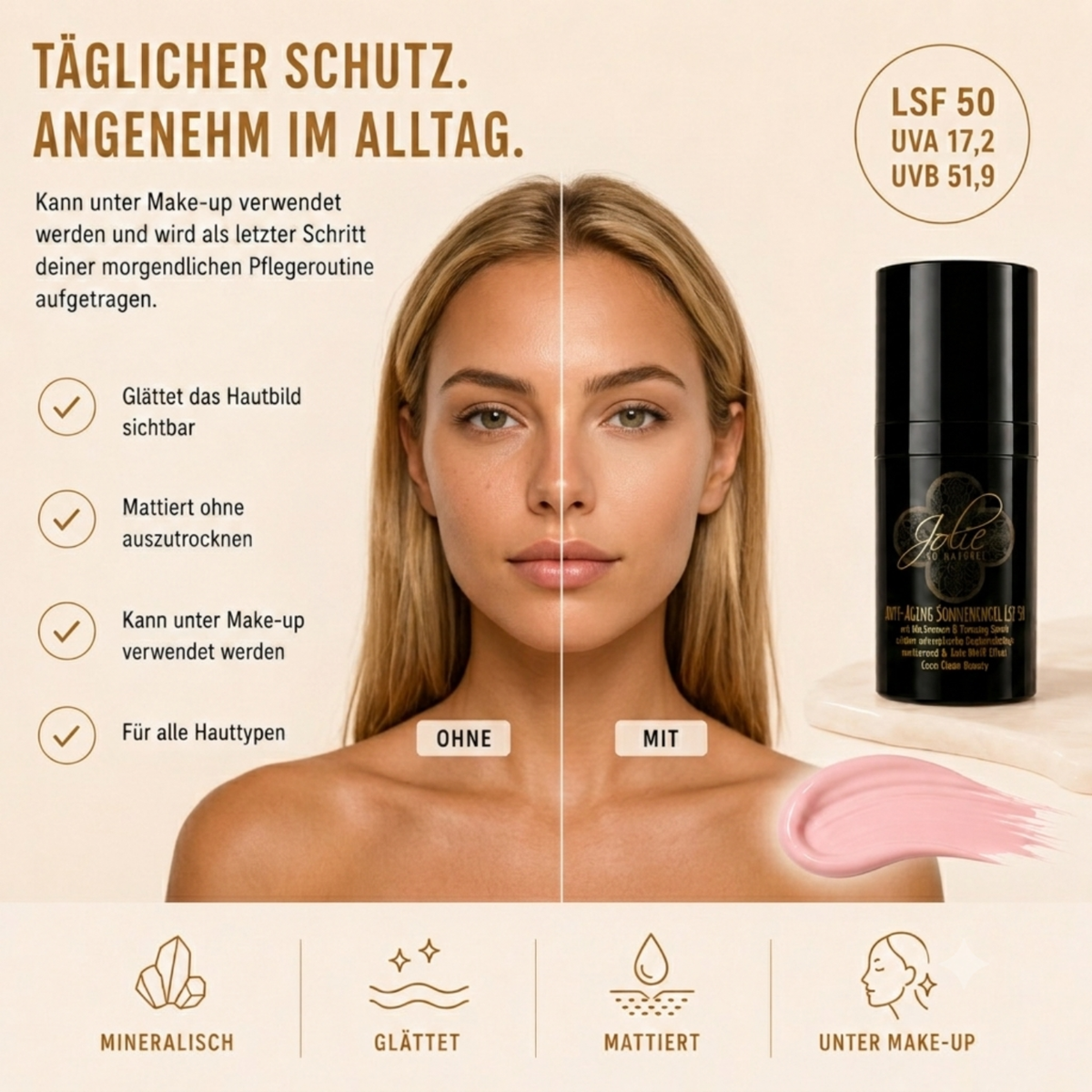 Anti-Aging Tagescreme LSF 50 I Sonnencreme mineralisch I Anti-Weiß I Kokosduft I mattierend